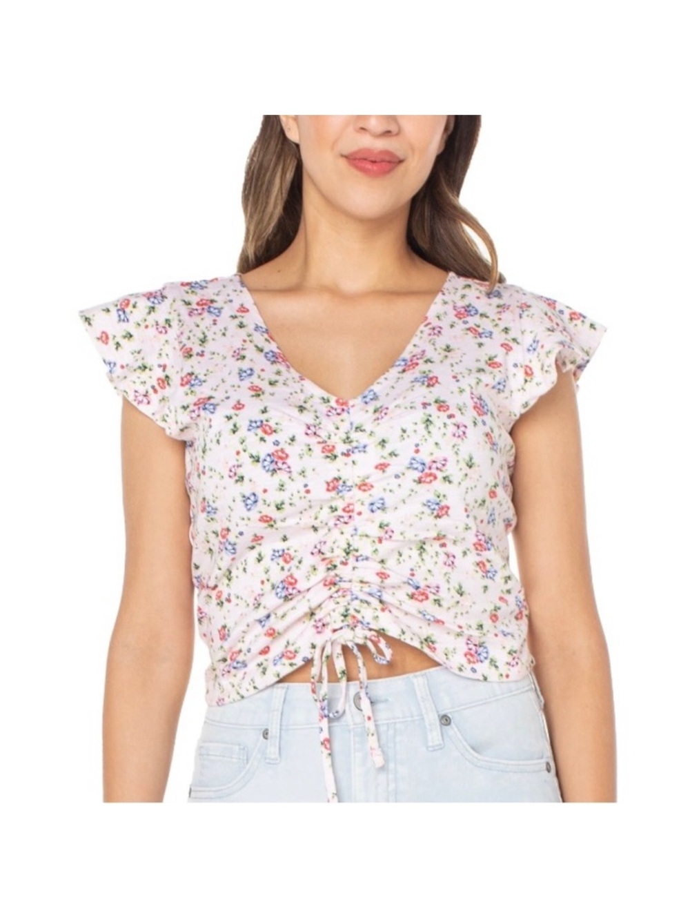Celebrity Pink Floral Ruched Drawstring Crop Top - Pink Multicolor Cottagecore